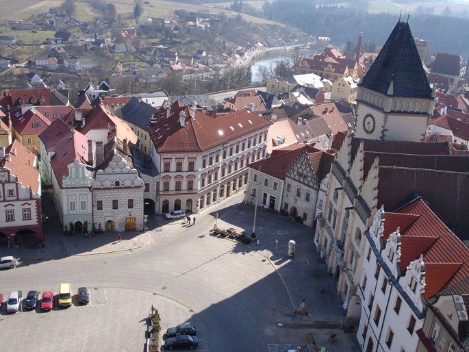 Tábor, Marktplatz vom Kirchturm aus gesehen