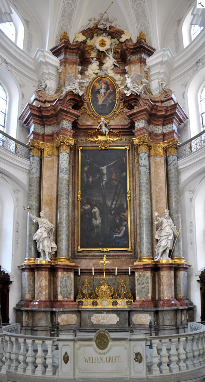 Diego Carlone, Kreuzigungsaltar in der Basilika Weingarten mit Statuen der Hl. Petrus und Paulus, 1719-1723
