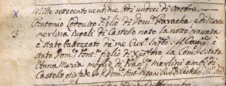 Iscrizione nel registro dei battesimi di Castello Valsolda (I)
