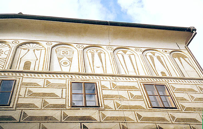 Renaissance-Haus mit Sgraffiti in Cesky Krumlov, Tschechien